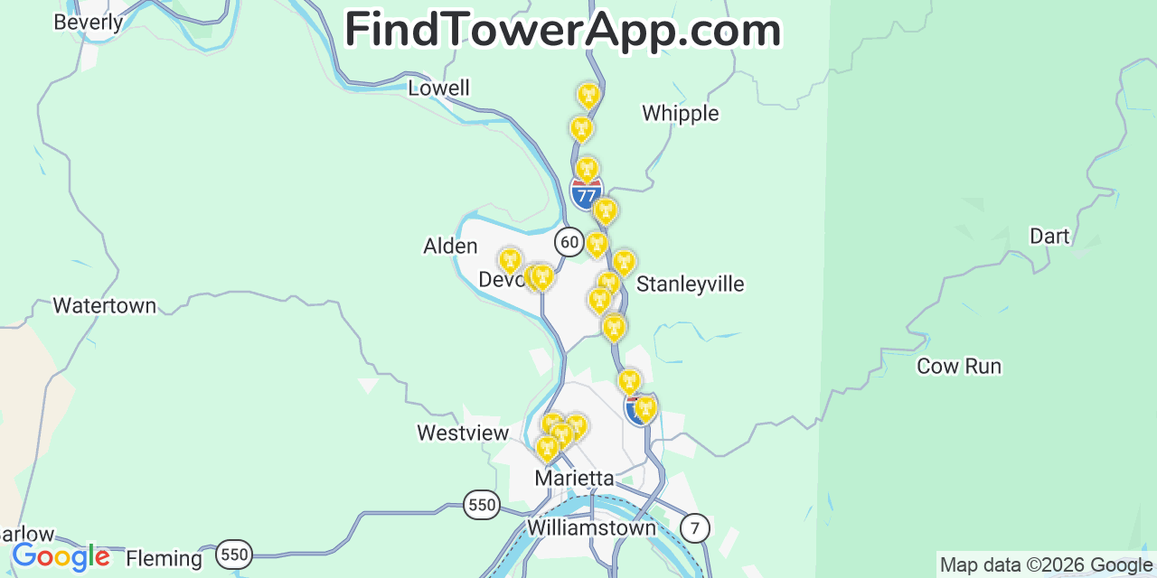 Map showing the 20 primary cell tower locations detected in Devola, Ohio from AT&T, Verizon, and T-Mobile networks