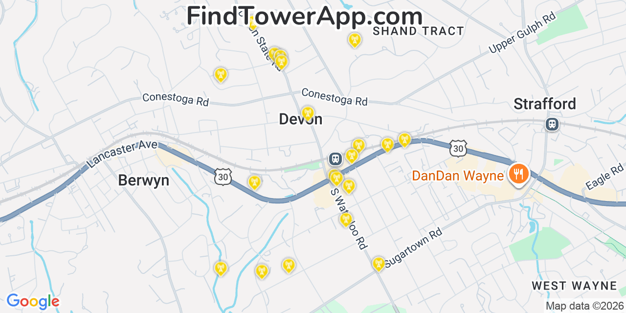 Map showing the 20 primary cell tower locations detected in Devon, Pennsylvania from AT&T, Verizon, and T-Mobile networks