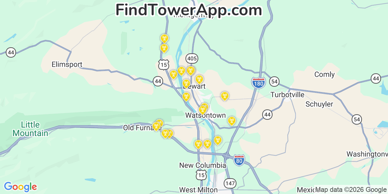 Map showing the 20 primary cell tower locations detected in Dewart, Pennsylvania from AT&T, Verizon, and T-Mobile networks