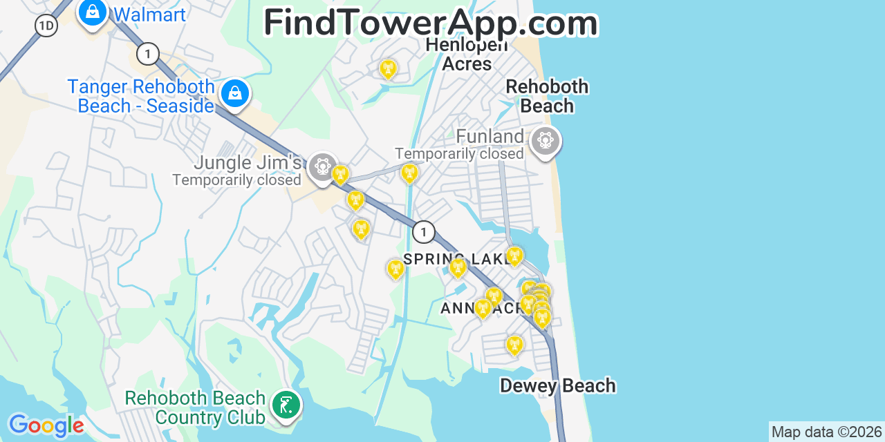 Map showing the 20 primary cell tower locations detected in Dewey Beach, Delaware from AT&T, Verizon, and T-Mobile networks
