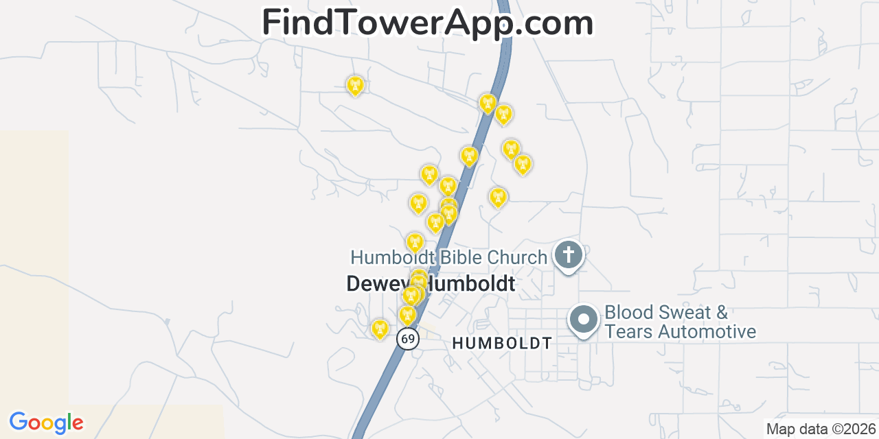 Map showing the 20 primary cell tower locations detected in Dewey Humboldt, Arizona from AT&T, Verizon, and T-Mobile networks