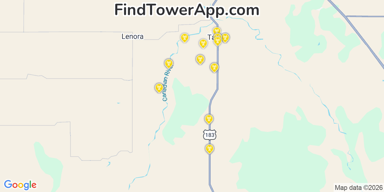 Map showing the 20 primary cell tower locations detected in Dewey, Oklahoma from AT&T, Verizon, and T-Mobile networks