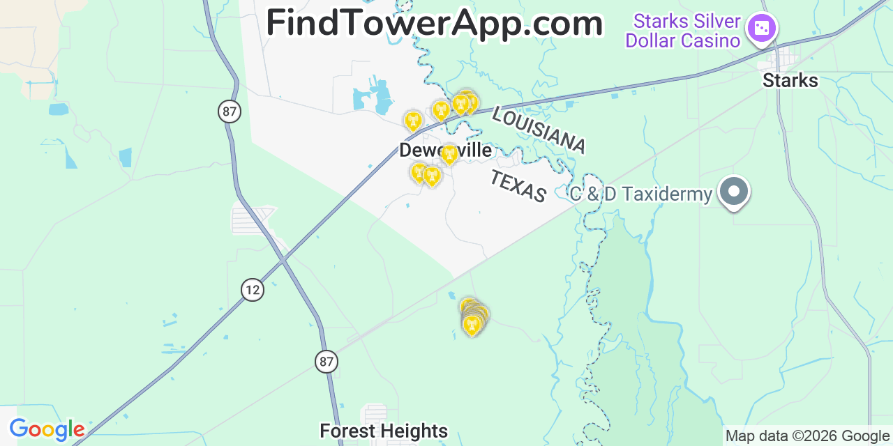 Map showing the 20 primary cell tower locations detected in Deweyville, Texas from AT&T, Verizon, and T-Mobile networks