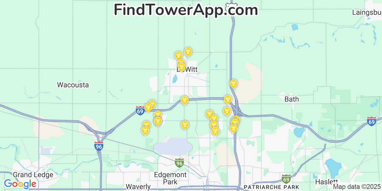 Map showing the 24 primary AT&T cell tower locations detected in Dewitt, Michigan with coverage radius and signal strength indicators