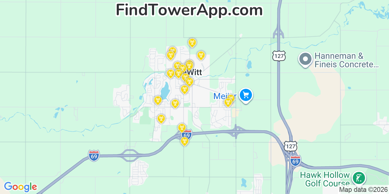 Map showing the 20 primary cell tower locations detected in Dewitt, Michigan from AT&T, Verizon, and T-Mobile networks