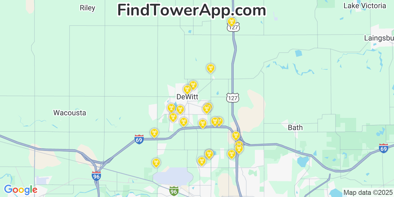 Map showing the 23 primary T-Mobile cell tower locations detected in Dewitt, Michigan with coverage radius and signal strength indicators