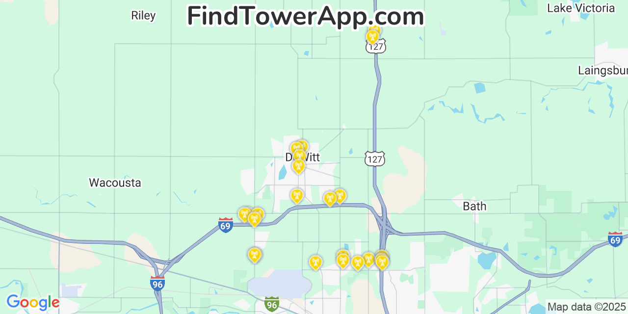 Map showing the 24 primary Verizon cell tower locations detected in Dewitt, Michigan with coverage radius and signal strength indicators