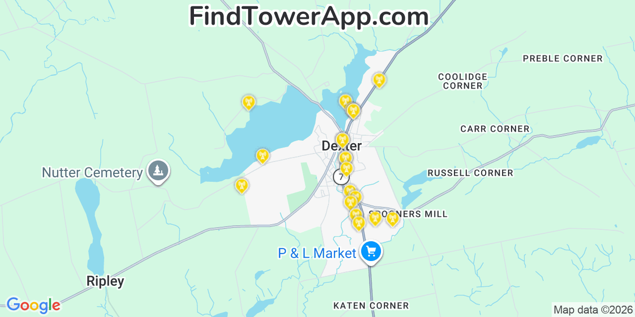 Map showing the 20 primary cell tower locations detected in Dexter, Maine from AT&T, Verizon, and T-Mobile networks