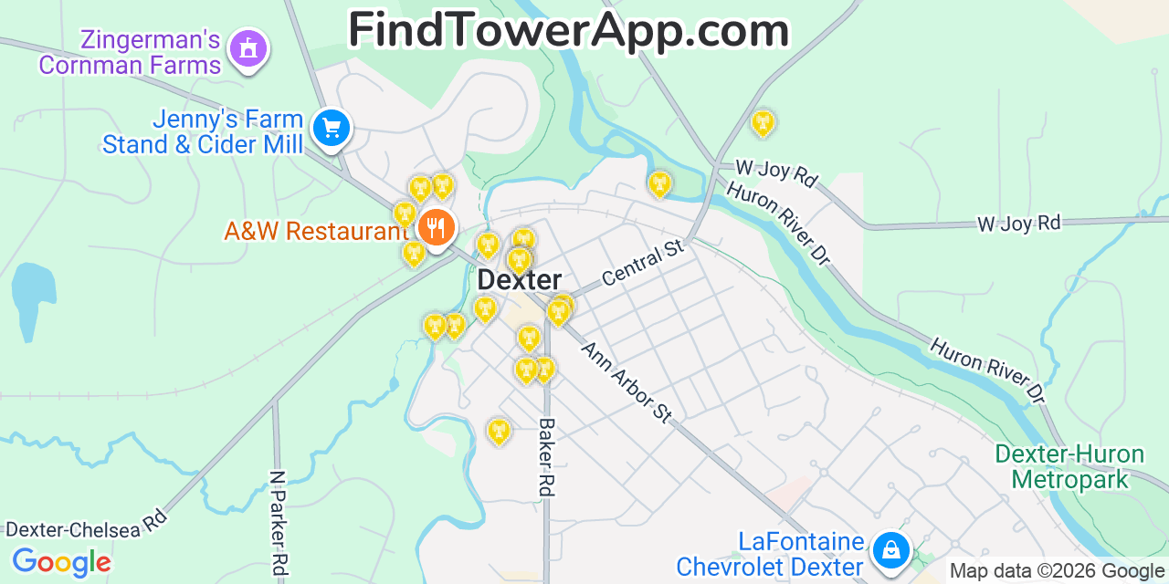 Map showing the 20 primary cell tower locations detected in Dexter, Michigan from AT&T, Verizon, and T-Mobile networks