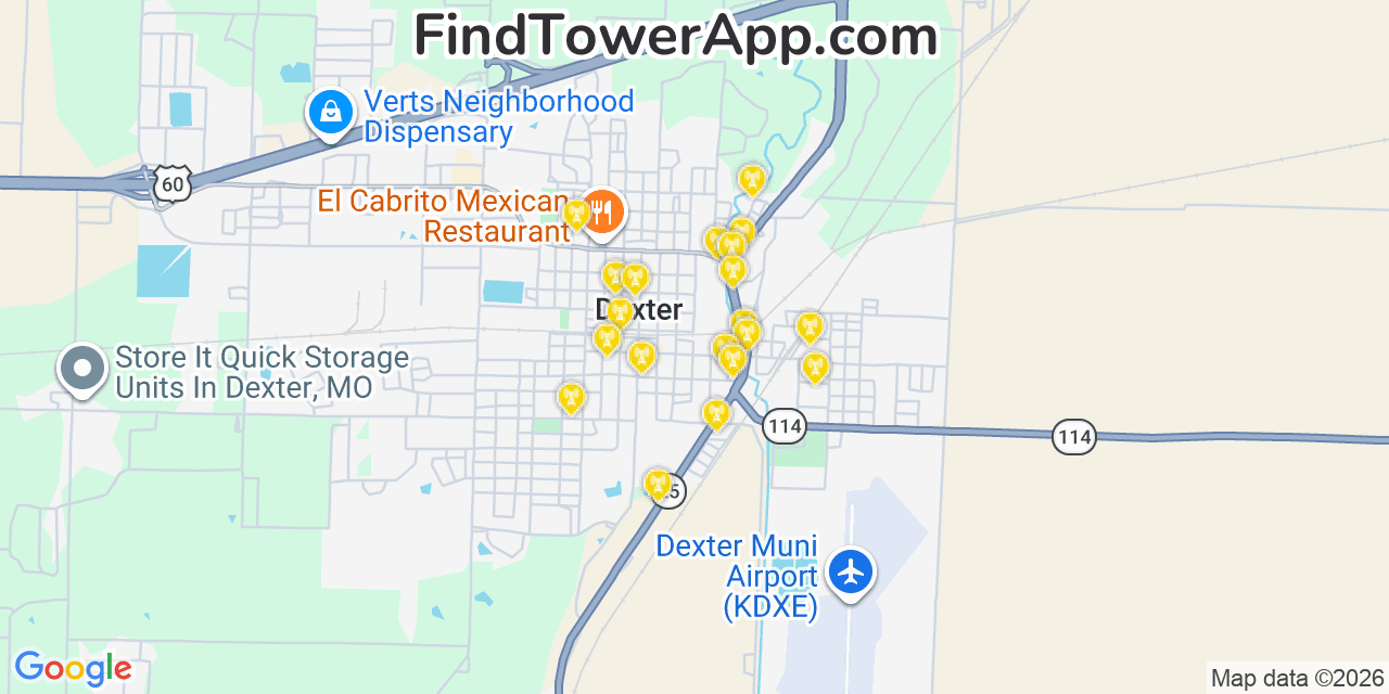 Map showing the 20 primary cell tower locations detected in Dexter, Missouri from AT&T, Verizon, and T-Mobile networks