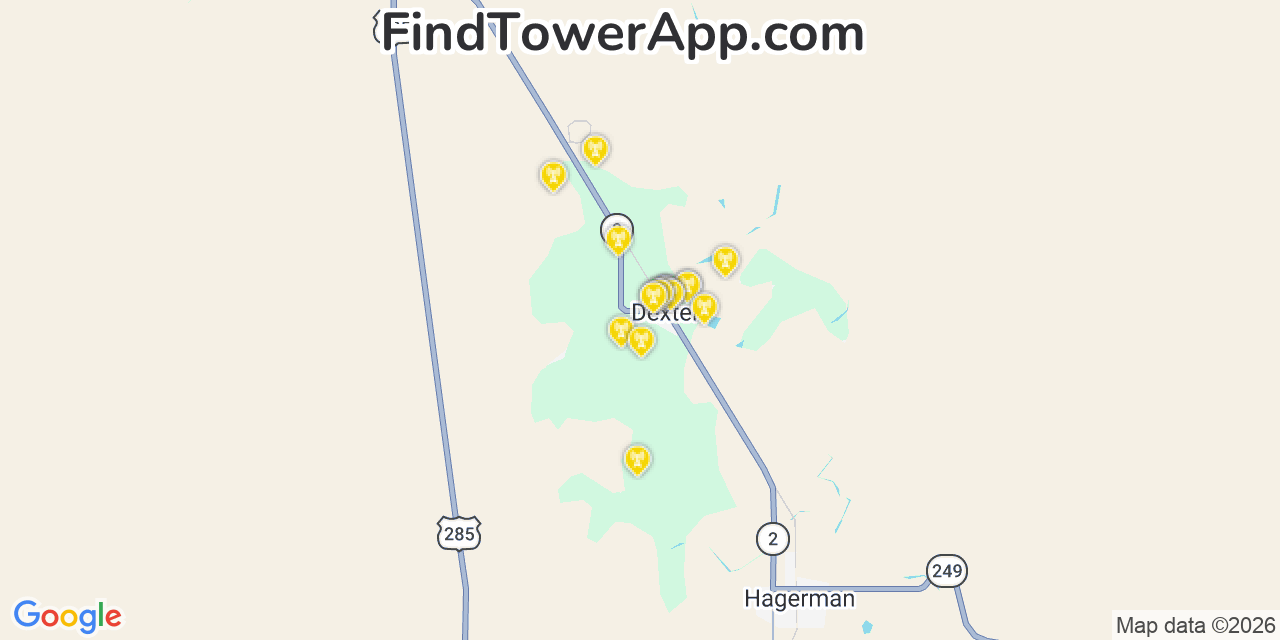Map showing the 20 primary cell tower locations detected in Dexter, New Mexico from AT&T, Verizon, and T-Mobile networks