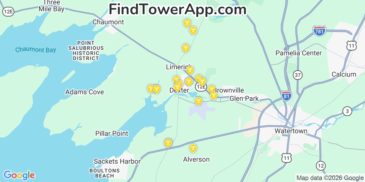 Map showing the 20 primary cell tower locations detected in Dexter, New York from AT&T, Verizon, and T-Mobile networks
