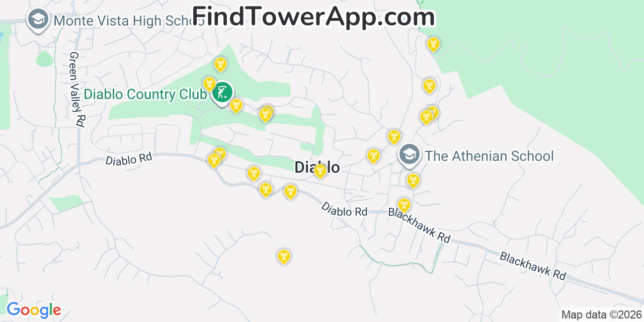 Map showing the 20 primary cell tower locations detected in Diablo, California from AT&T, Verizon, and T-Mobile networks