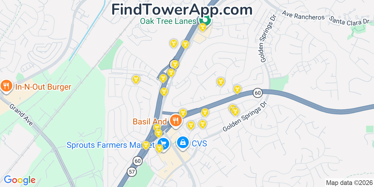 Map showing the 20 primary cell tower locations detected in Diamond Bar, California from AT&T, Verizon, and T-Mobile networks