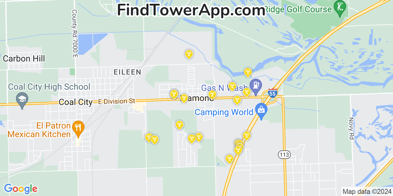 AT&T 4G/5G cell tower coverage map Diamond, Illinois