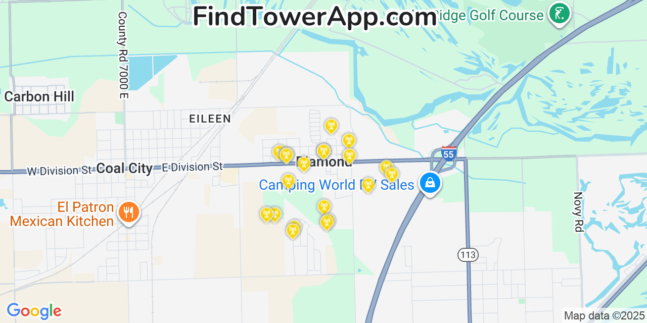 Map showing the 20 primary cell tower locations detected in Diamond, Illinois from AT&T, Verizon, and T-Mobile networks