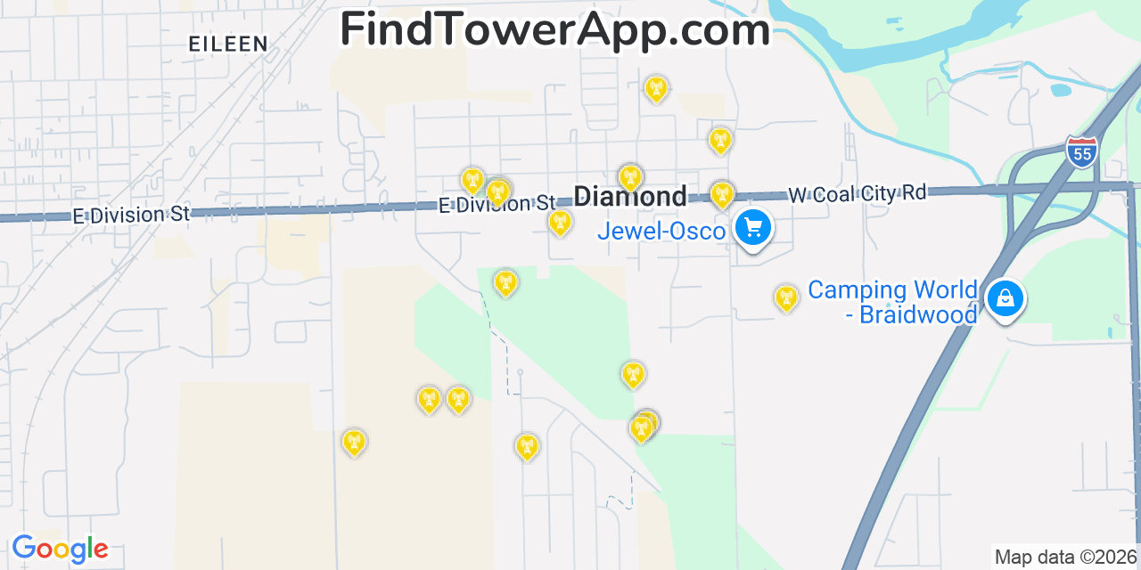 Map showing the 20 primary cell tower locations detected in Diamond, Illinois from AT&T, Verizon, and T-Mobile networks