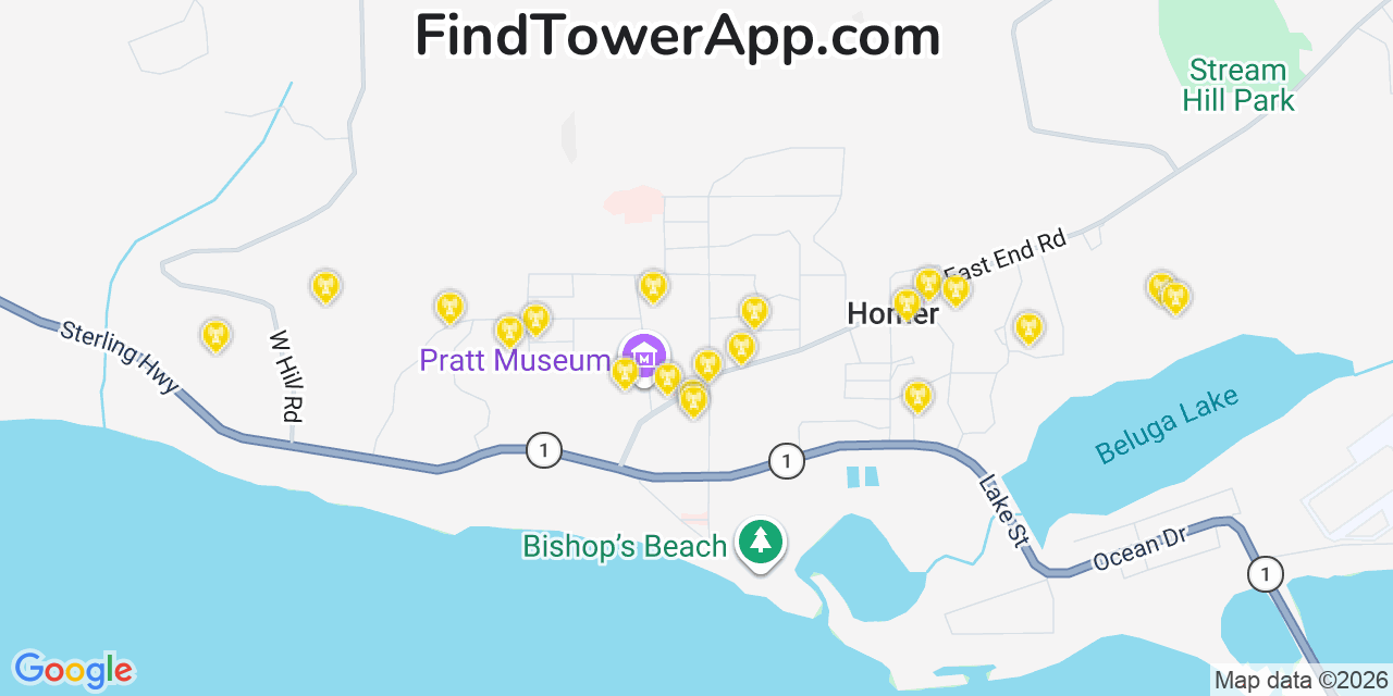 Map showing the 20 primary cell tower locations detected in Diamond Ridge, Alaska from AT&T, Verizon, and T-Mobile networks