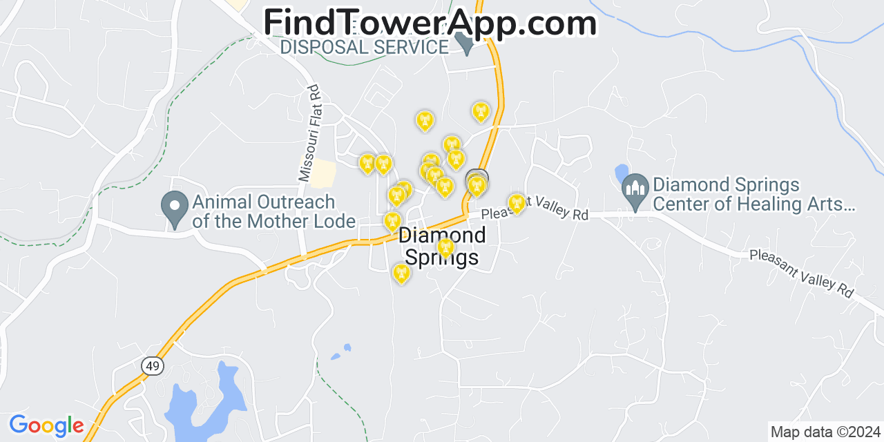 AT&T 4G/5G cell tower coverage map Diamond Springs, California