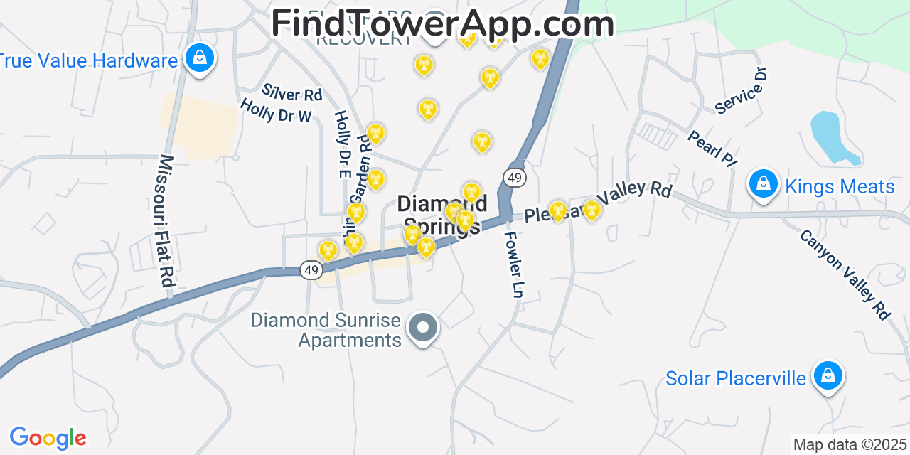 Map showing the 20 primary cell tower locations detected in Diamond Springs, California from AT&T, Verizon, and T-Mobile networks