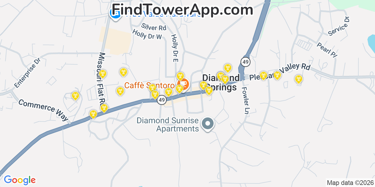 Map showing the 20 primary cell tower locations detected in Diamond Springs, California from AT&T, Verizon, and T-Mobile networks