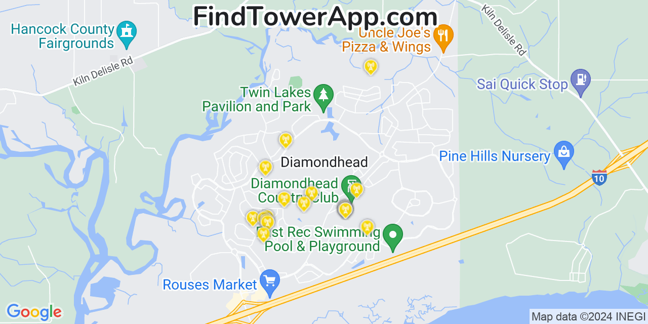 AT&T 4G/5G cell tower coverage map Diamondhead, Mississippi