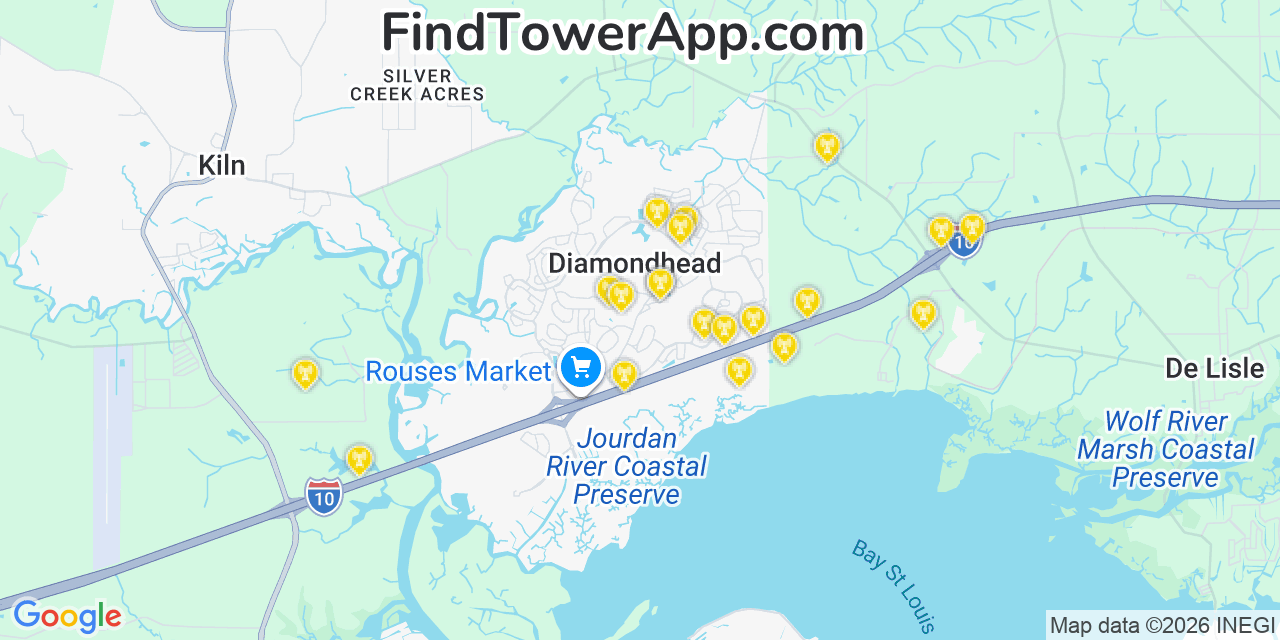 Map showing the 20 primary cell tower locations detected in Diamondhead, Mississippi from AT&T, Verizon, and T-Mobile networks