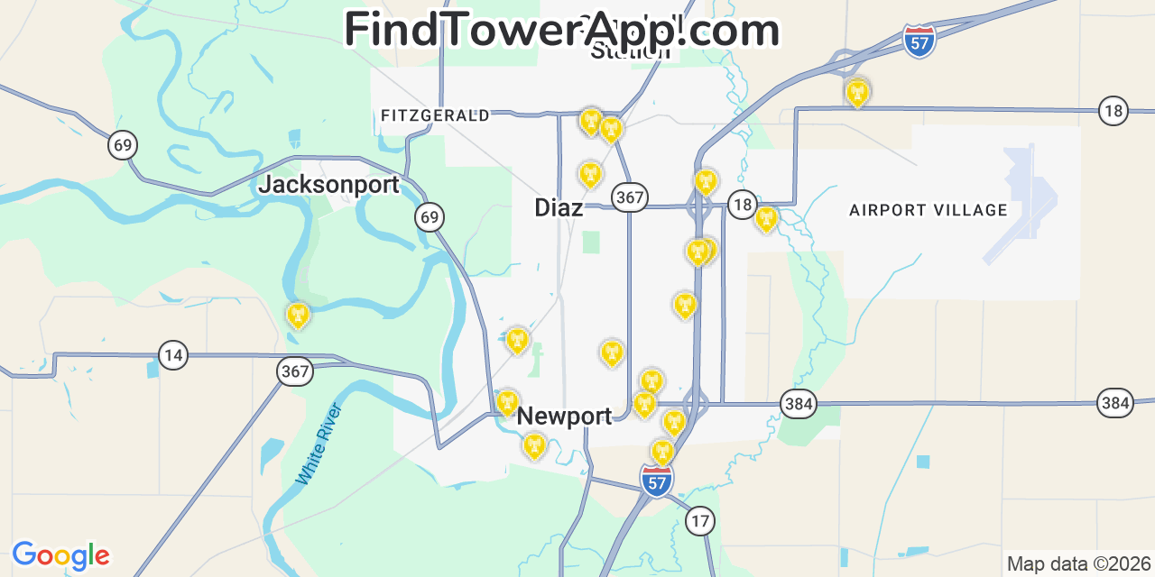 Map showing the 20 primary cell tower locations detected in Diaz, Arkansas from AT&T, Verizon, and T-Mobile networks