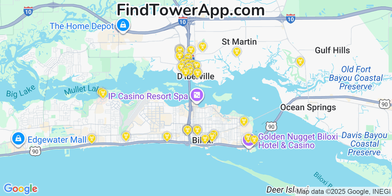 Map showing the 22 primary AT&T cell tower locations detected in Diberville, Mississippi with coverage radius and signal strength indicators