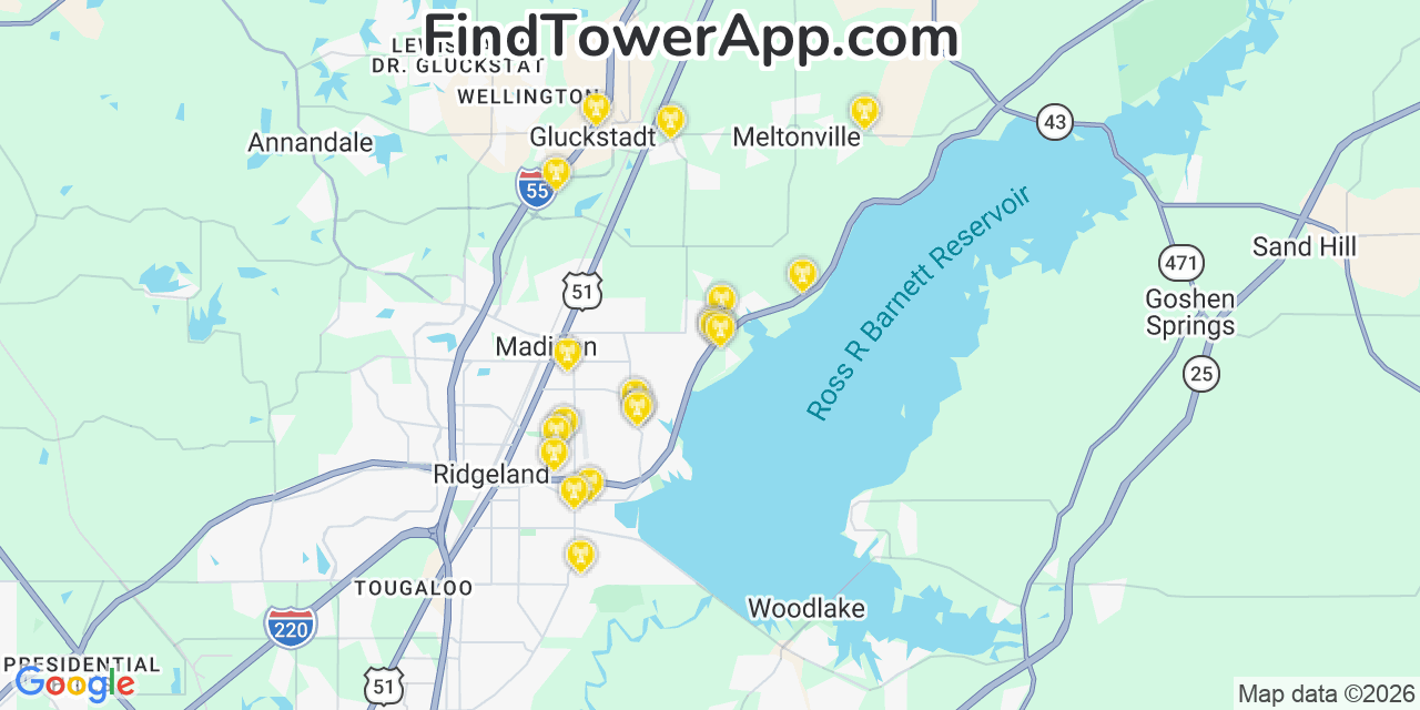 Map showing the 20 primary cell tower locations detected in Diberville, Mississippi from AT&T, Verizon, and T-Mobile networks