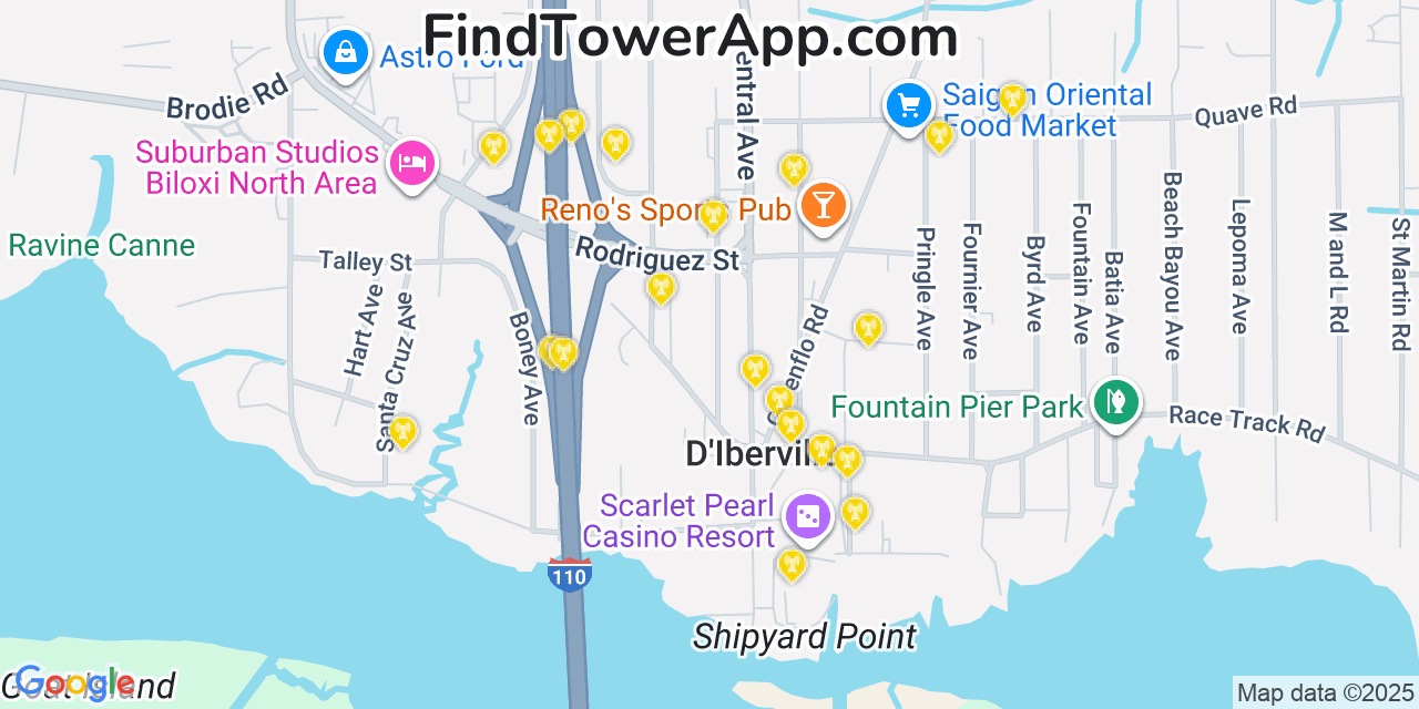 Map showing the 21 primary T-Mobile cell tower locations detected in Diberville, Mississippi with coverage radius and signal strength indicators