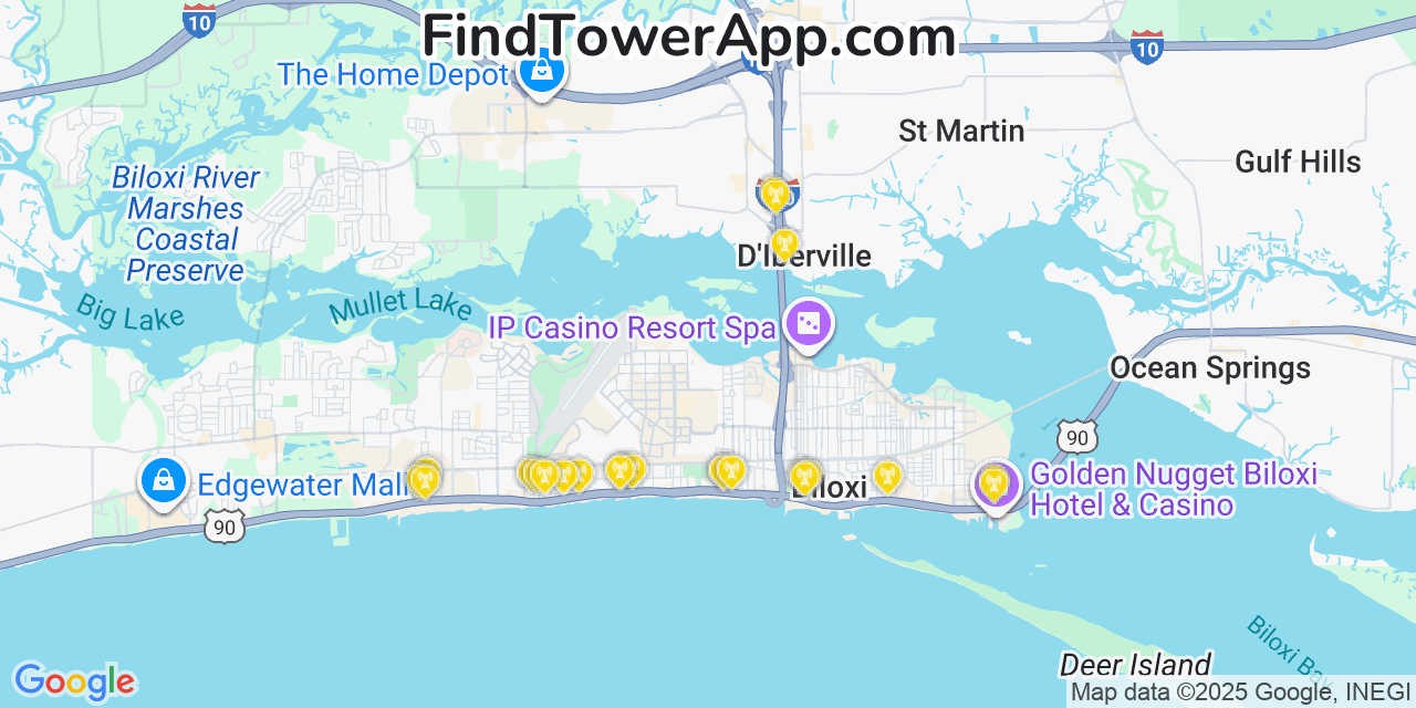 Map showing the 22 primary Verizon cell tower locations detected in Diberville, Mississippi with coverage radius and signal strength indicators