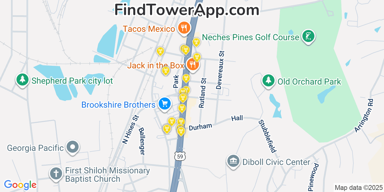 Map showing the 20 primary cell tower locations detected in Diboll, Texas from AT&T, Verizon, and T-Mobile networks
