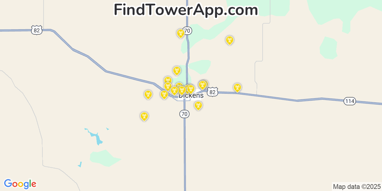 Map showing the 20 primary cell tower locations detected in Dickens, Texas from AT&T, Verizon, and T-Mobile networks