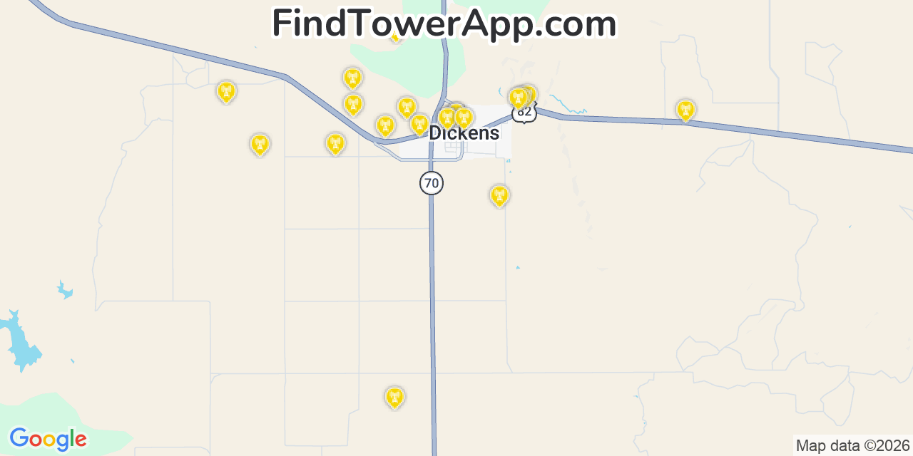 Map showing the 20 primary cell tower locations detected in Dickens, Texas from AT&T, Verizon, and T-Mobile networks