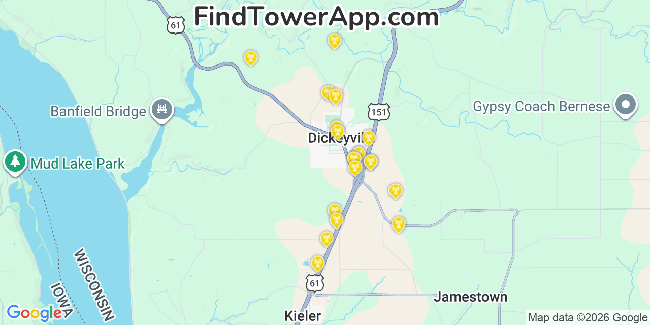Map showing the 20 primary cell tower locations detected in Dickeyville, Wisconsin from AT&T, Verizon, and T-Mobile networks