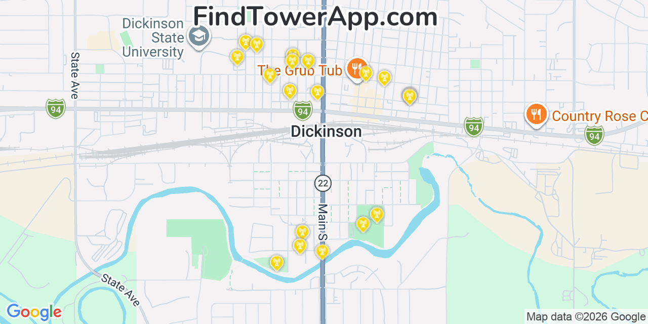 Map showing the 20 primary cell tower locations detected in Dickinson, North Dakota from AT&T, Verizon, and T-Mobile networks