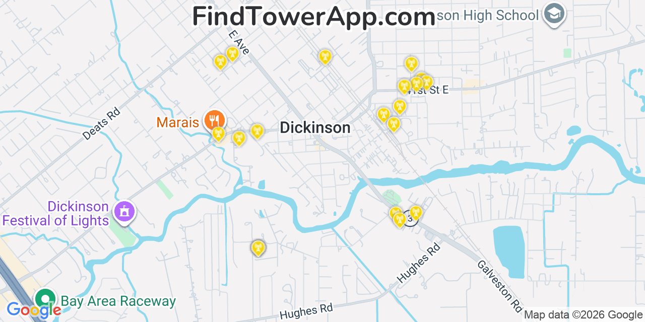 Map showing the 20 primary cell tower locations detected in Dickinson, Texas from AT&T, Verizon, and T-Mobile networks