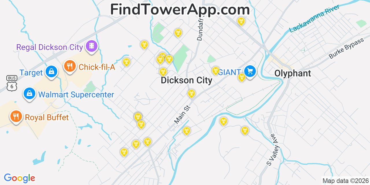 Map showing the 20 primary cell tower locations detected in Dickson City, Pennsylvania from AT&T, Verizon, and T-Mobile networks