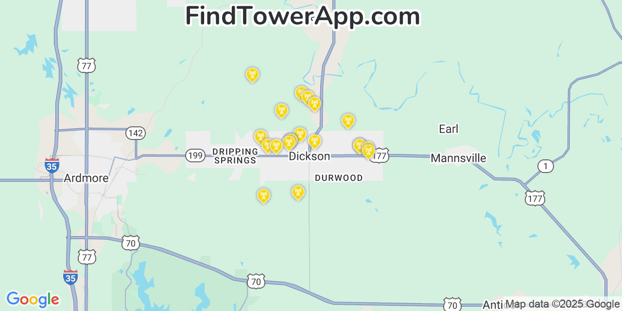 Map showing the 20 primary cell tower locations detected in Dickson, Oklahoma from AT&T, Verizon, and T-Mobile networks