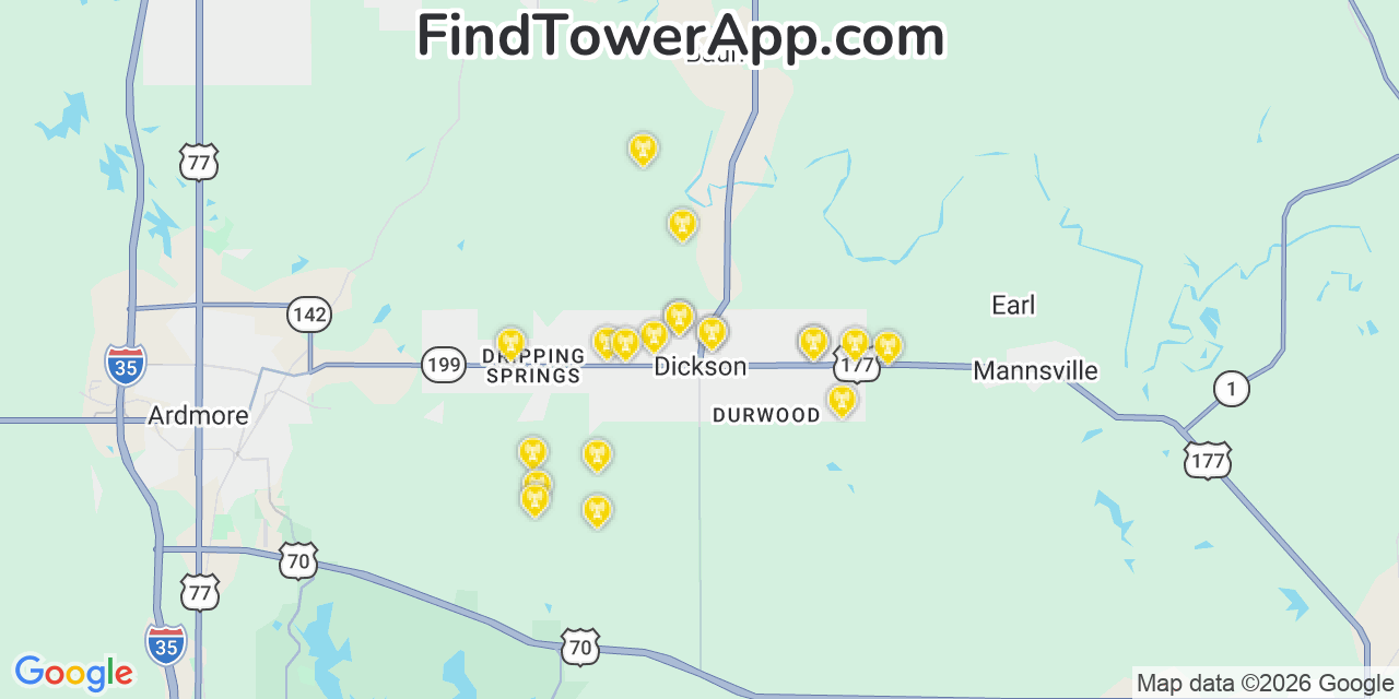 Map showing the 20 primary cell tower locations detected in Dickson, Oklahoma from AT&T, Verizon, and T-Mobile networks