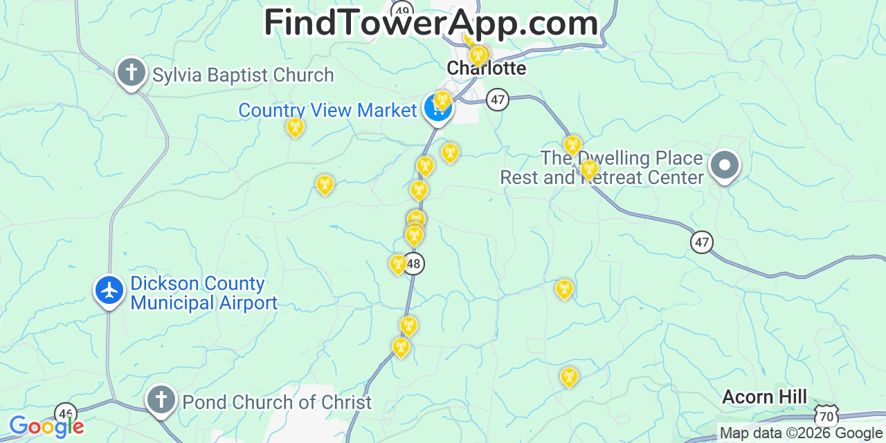 Map showing the 20 primary cell tower locations detected in Dickson, Tennessee from AT&T, Verizon, and T-Mobile networks