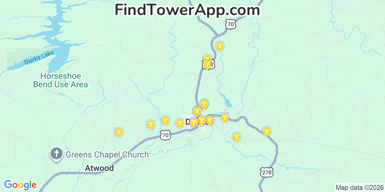 Map showing the 20 primary cell tower locations detected in Dierks, Arkansas from AT&T, Verizon, and T-Mobile networks