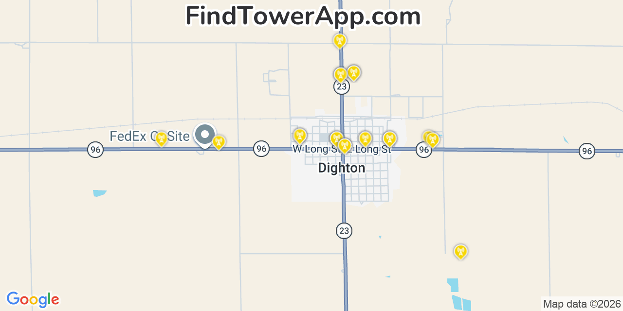 Map showing the 20 primary cell tower locations detected in Dighton, Kansas from AT&T, Verizon, and T-Mobile networks