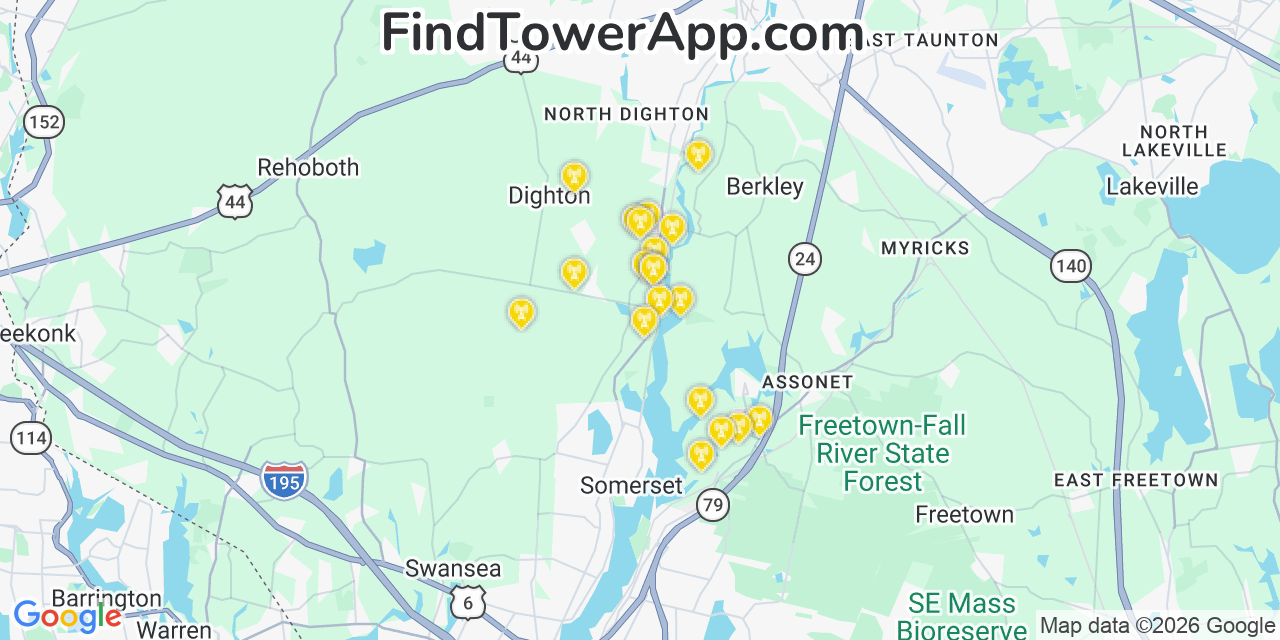 Map showing the 20 primary cell tower locations detected in Dighton, Massachusetts from AT&T, Verizon, and T-Mobile networks