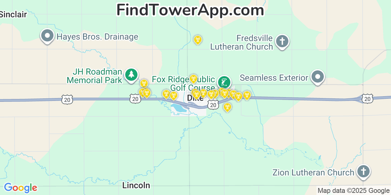 Map showing the 20 primary cell tower locations detected in Dike, Iowa from AT&T, Verizon, and T-Mobile networks