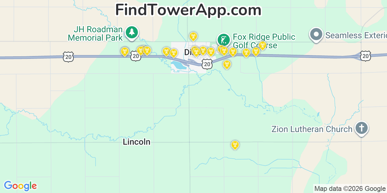 Map showing the 20 primary cell tower locations detected in Dike, Iowa from AT&T, Verizon, and T-Mobile networks