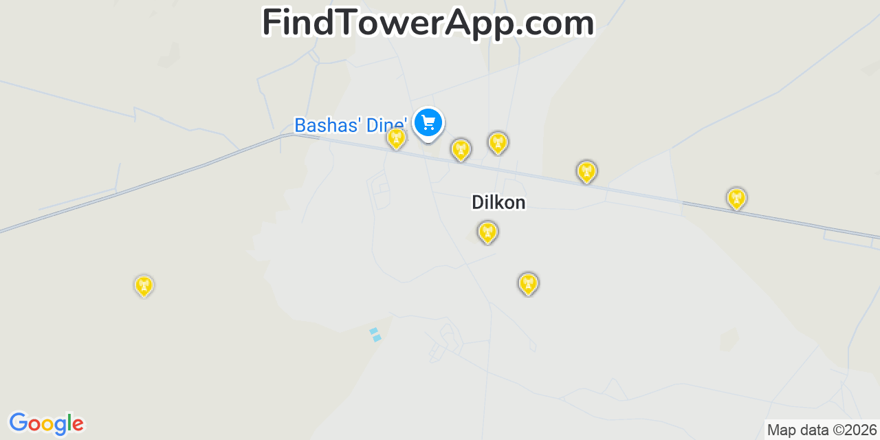 Map showing the 20 primary cell tower locations detected in Dilkon, Arizona from AT&T, Verizon, and T-Mobile networks