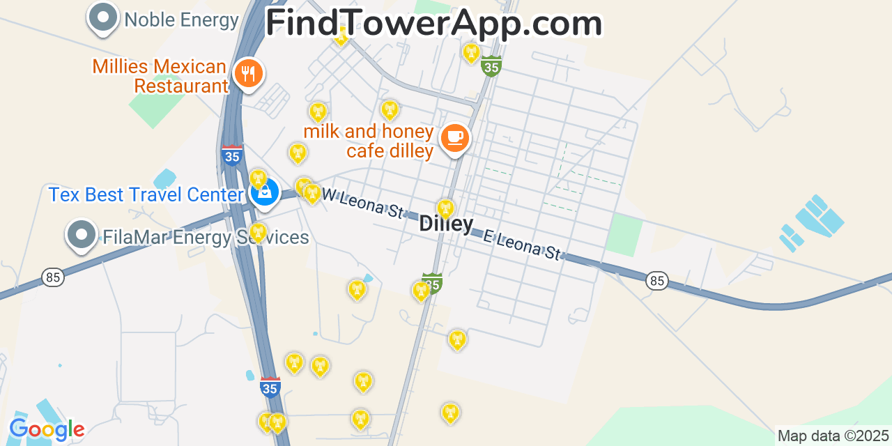 Map showing the 20 primary cell tower locations detected in Dilley, Texas from AT&T, Verizon, and T-Mobile networks