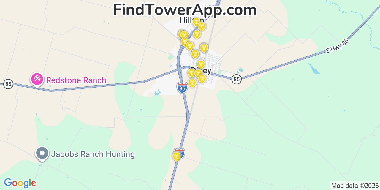 Map showing the 20 primary cell tower locations detected in Dilley, Texas from AT&T, Verizon, and T-Mobile networks
